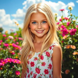 A beautiful blonde girl with long, flowing hair, striking blue eyes, and a warm smile