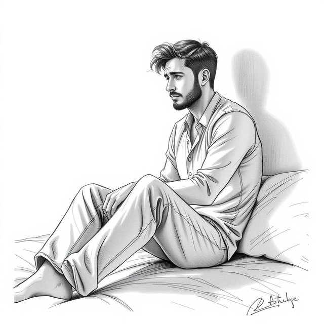 A poignant drawing of an actor sitting on a bed, depicting sadness and a profound sense of emptiness