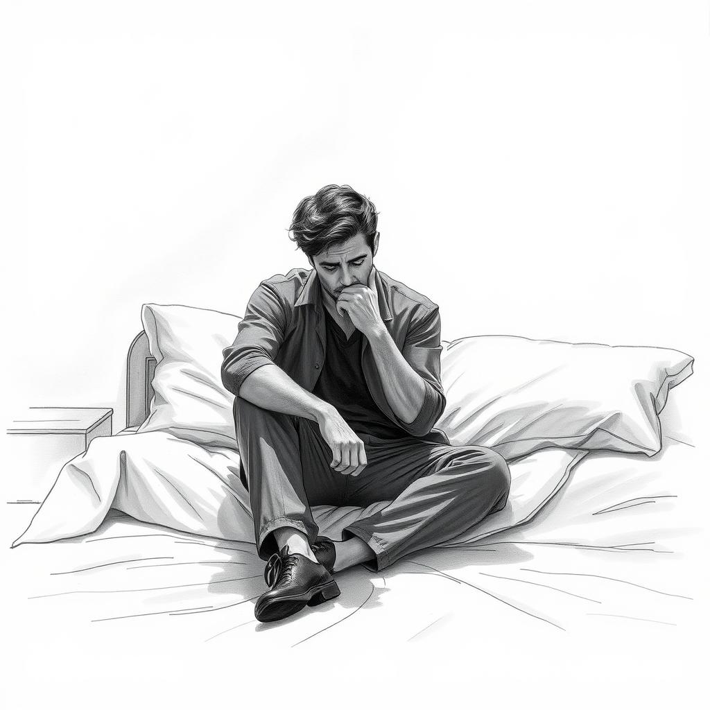 A poignant drawing of an actor sitting on a bed, depicting sadness and a profound sense of emptiness