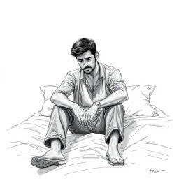 A poignant drawing of an actor sitting on a bed, embodying deep sadness and a sense of emptiness
