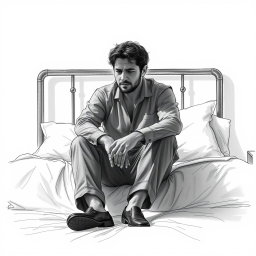 A poignant drawing of an actor sitting on a bed, embodying deep sadness and a sense of emptiness