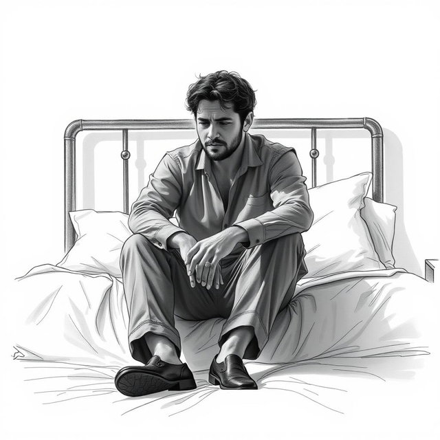 A poignant drawing of an actor sitting on a bed, embodying deep sadness and a sense of emptiness