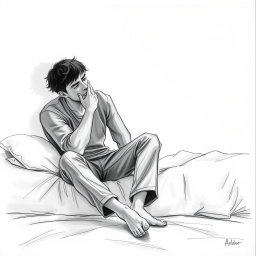 A poignant drawing of an actor sitting on a bed, embodying deep sadness and a sense of emptiness