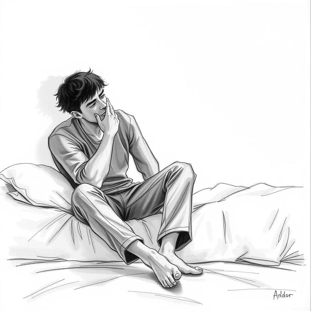 A poignant drawing of an actor sitting on a bed, embodying deep sadness and a sense of emptiness