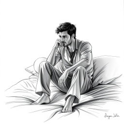 A poignant drawing of an actor sitting on a bed, embodying deep sadness and a sense of emptiness