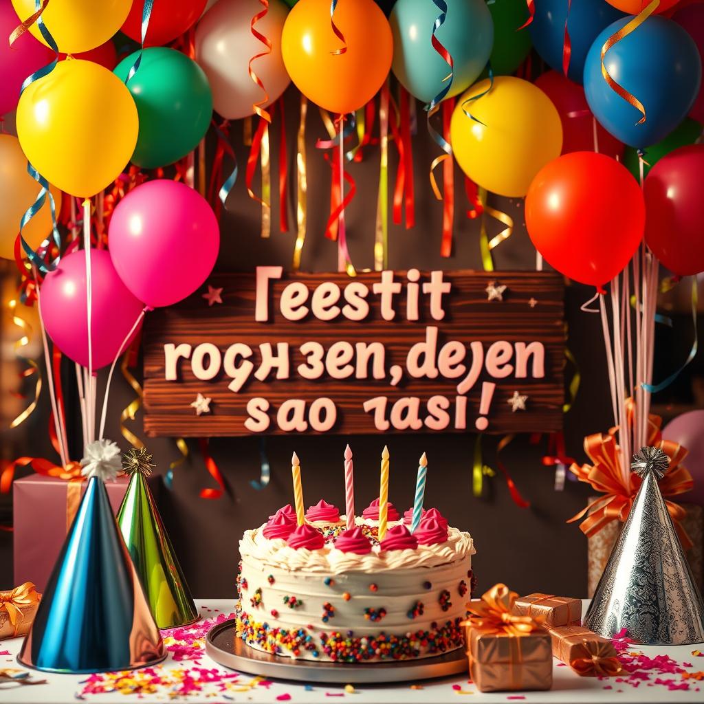 A vibrant birthday scene with colorful balloons and a beautiful birthday cake, featuring a large sign that reads 'Честит рожден ден, Дядо Габи!' prominently in the center