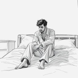 A powerful drawing of an actor sitting on a bed, conveying a deep sense of sadness and emptiness