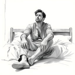 A powerful drawing of an actor sitting on a bed, conveying a deep sense of sadness and emptiness