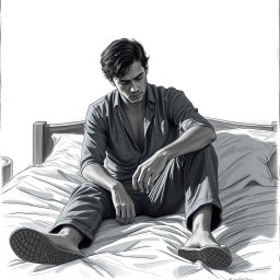 A powerful drawing of an actor sitting on a bed, conveying a deep sense of sadness and emptiness