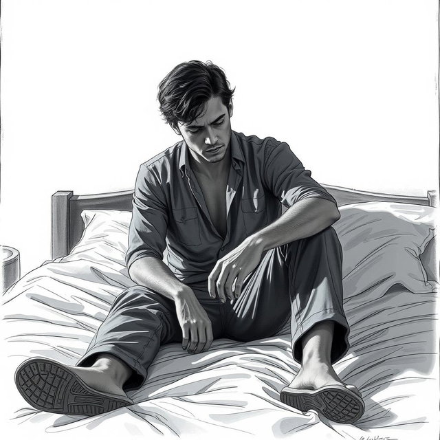 A powerful drawing of an actor sitting on a bed, conveying a deep sense of sadness and emptiness