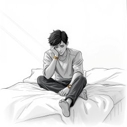 A touching drawing of an actor sitting on a bed, illustrating sadness and an overwhelming sense of emptiness