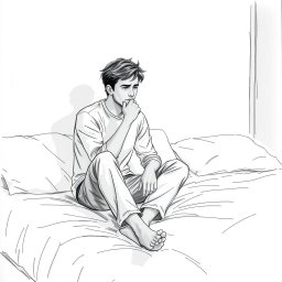 A touching drawing of an actor sitting on a bed, illustrating sadness and an overwhelming sense of emptiness