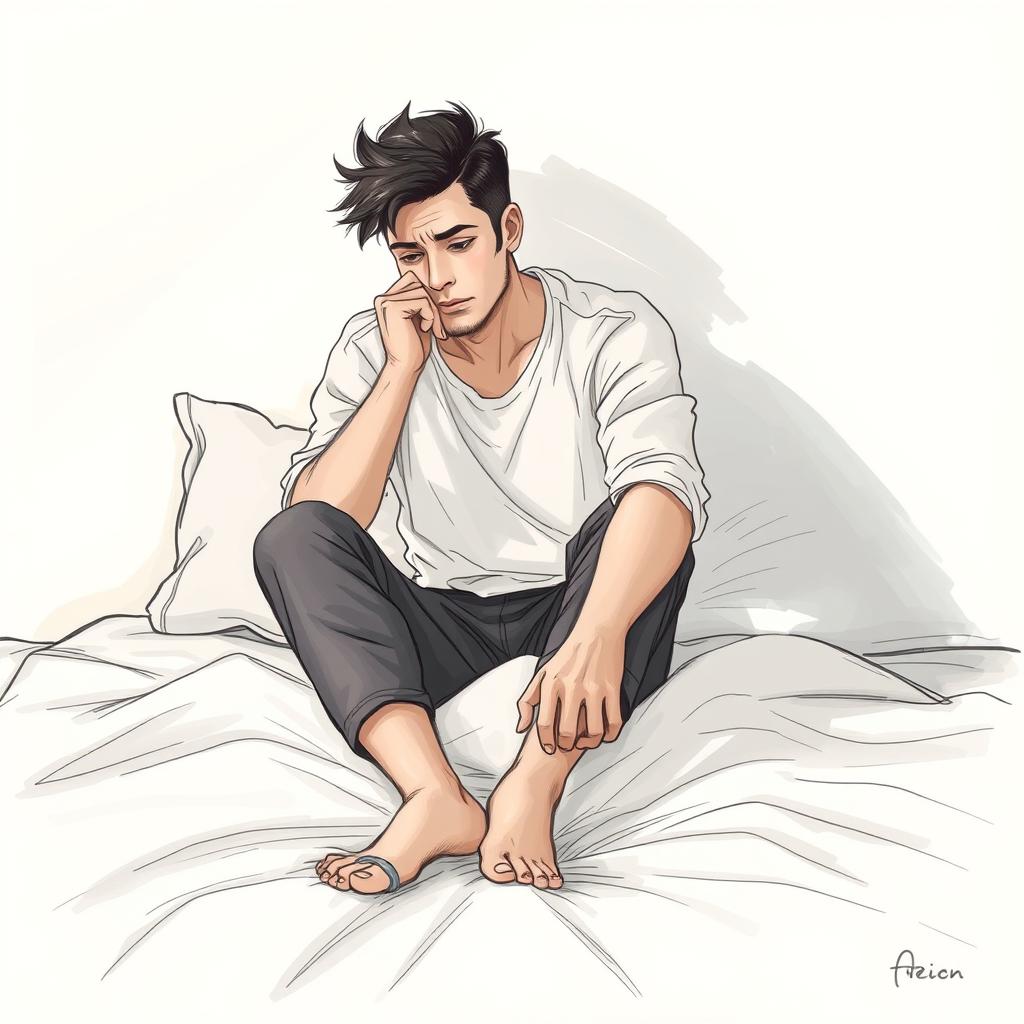 A touching drawing of an actor sitting on a bed, illustrating sadness and an overwhelming sense of emptiness