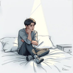 A touching drawing of an actor sitting on a bed, illustrating sadness and an overwhelming sense of emptiness