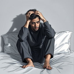 A poignant drawing of an actor sitting on a bed, visibly sad and experiencing a profound sense of emptiness
