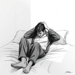 A poignant drawing of an actor sitting on a bed, visibly sad and experiencing a profound sense of emptiness