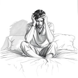 A poignant drawing of an actor sitting on a bed, visibly sad and experiencing a profound sense of emptiness