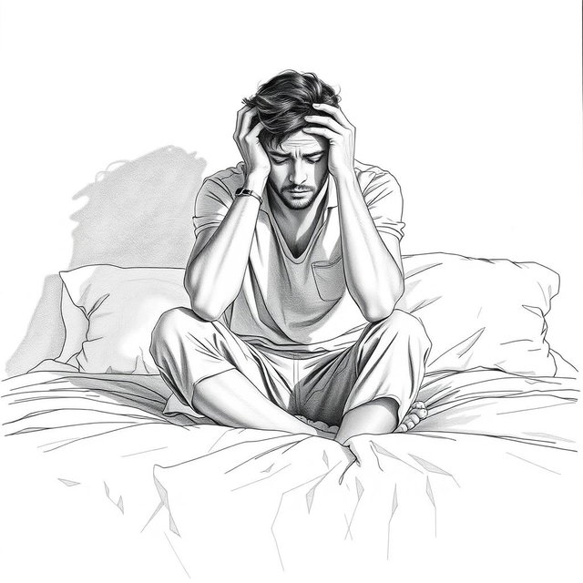 A poignant drawing of an actor sitting on a bed, visibly sad and experiencing a profound sense of emptiness