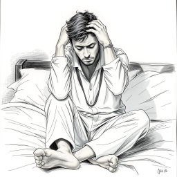 A poignant drawing of an actor sitting on a bed, visibly sad and experiencing a profound sense of emptiness