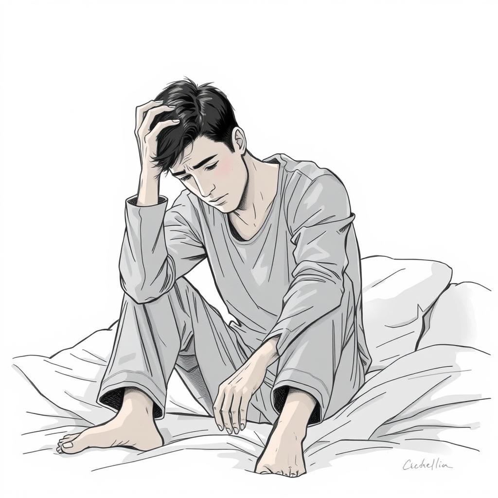 A poignant drawing of an actor sitting on a bed, expressing deep sadness and a feeling of emptiness
