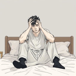 A poignant drawing of an actor sitting on a bed, expressing deep sadness and a feeling of emptiness
