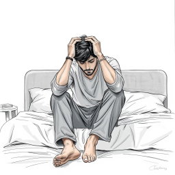 A poignant drawing of an actor sitting on a bed, expressing deep sadness and a feeling of emptiness