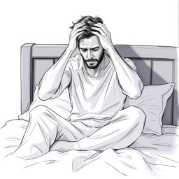A poignant drawing of an actor sitting on a bed, expressing deep sadness and a feeling of emptiness
