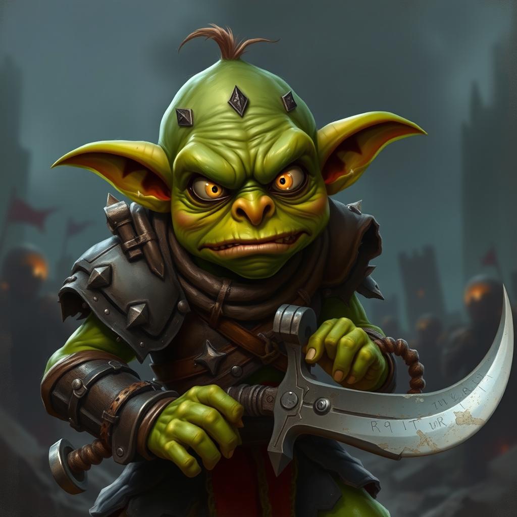 An evil-looking goblin soldier, expressing a worried and scared demeanor