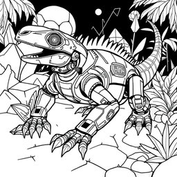 A black and white coloring page design featuring an advanced and futuristic robotic Uromastyx AI