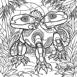 A black and white coloring page design featuring an advanced and futuristic robotic Uromastyx AI