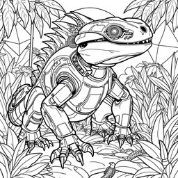 A black and white coloring page design featuring an advanced and futuristic robotic Uromastyx AI