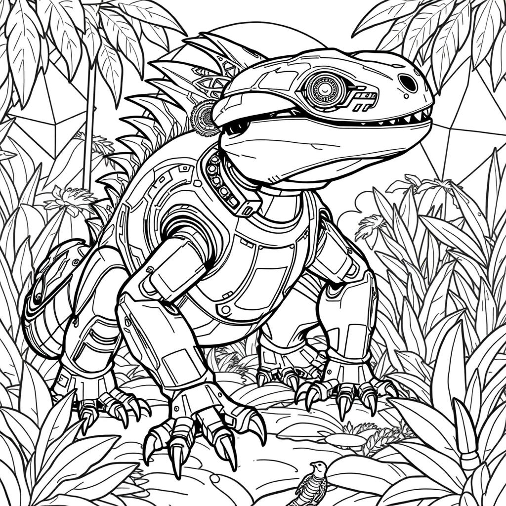 A black and white coloring page design featuring an advanced and futuristic robotic Uromastyx AI