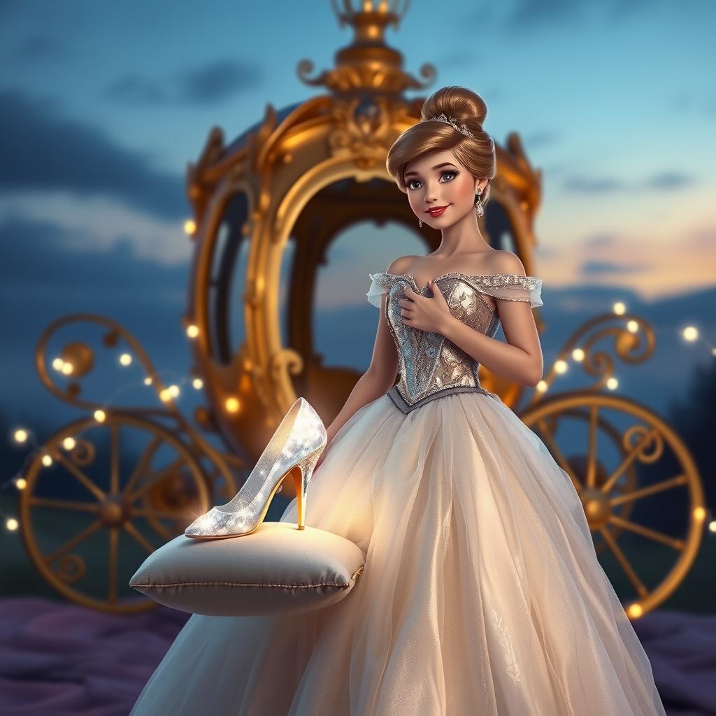 An enchanting scene featuring Cinderella in her beautiful ball gown, standing gracefully next to her sparkling glass slipper, which is poised elegantly on a soft cushion
