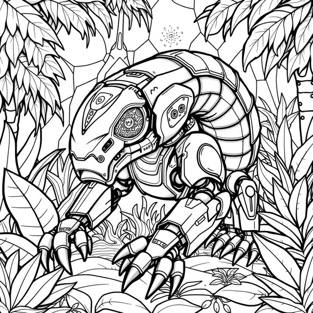 A black and white coloring page design featuring an advanced and futuristic Velvet Worm AI