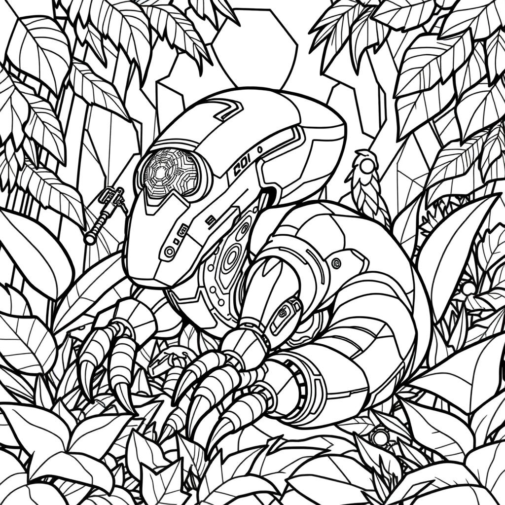 A black and white coloring page design featuring an advanced and futuristic Velvet Worm AI