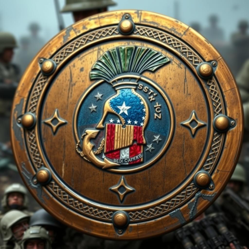 A detailed Spartan shield featuring a central design of the Arecibo, Puerto Rico shield, adorned with Marine Corps accents