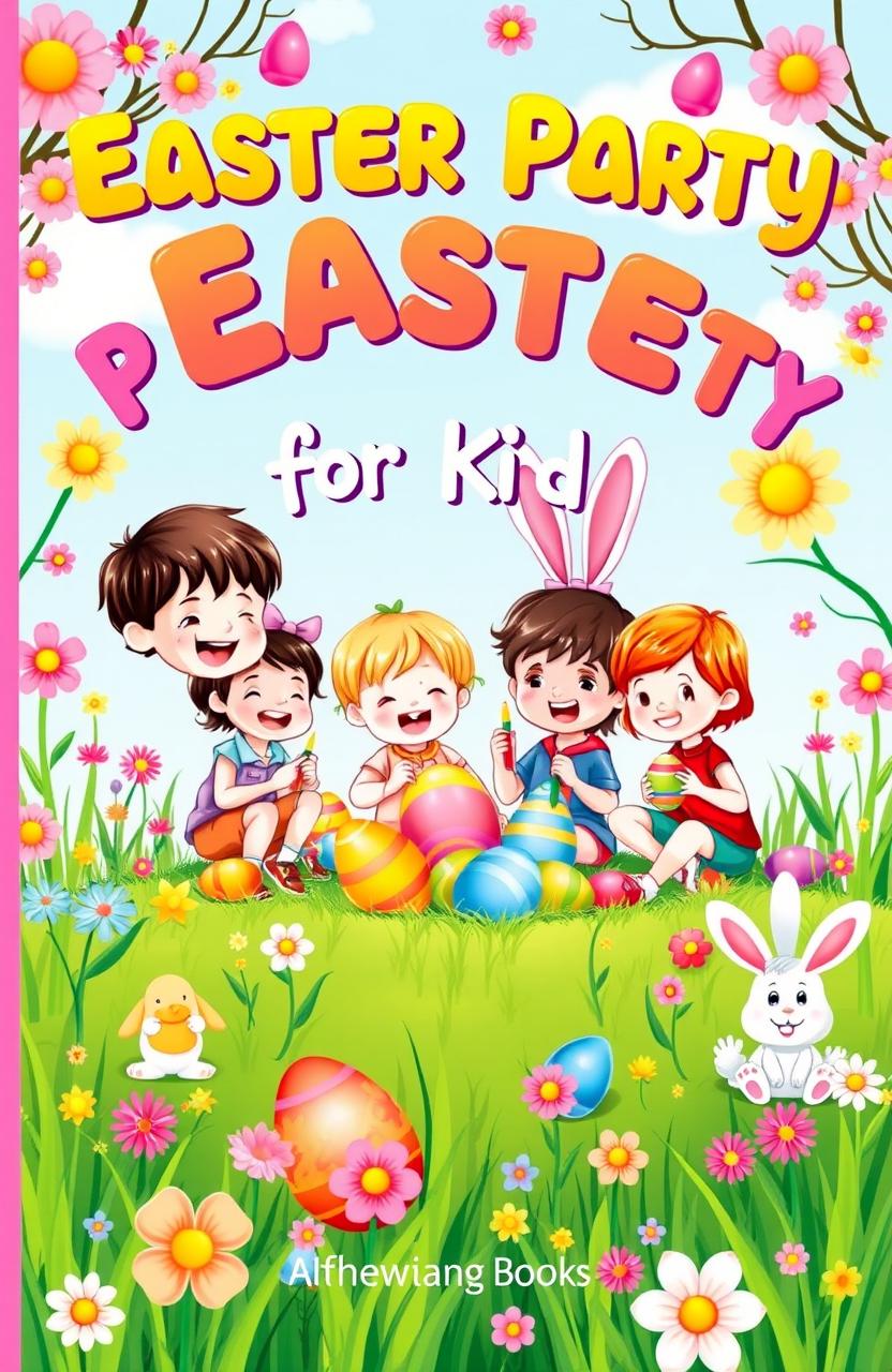 A colorful and whimsical book cover for a children's drawing book titled 'Easter Party for Kids'