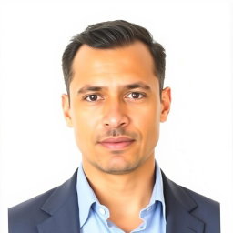 A formal passport ID photo featuring an adult male with a neutral expression, wearing a light blue collared shirt and a dark blazer