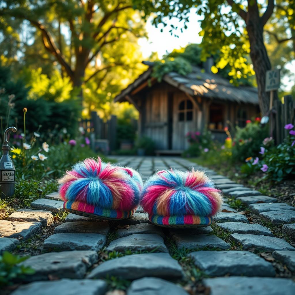 A pair of colorful, fuzzy slippers with a whimsical design, moving gently across a quaint cobblestone path leading towards a charming rustic hut surrounded by lush greenery and wildflowers
