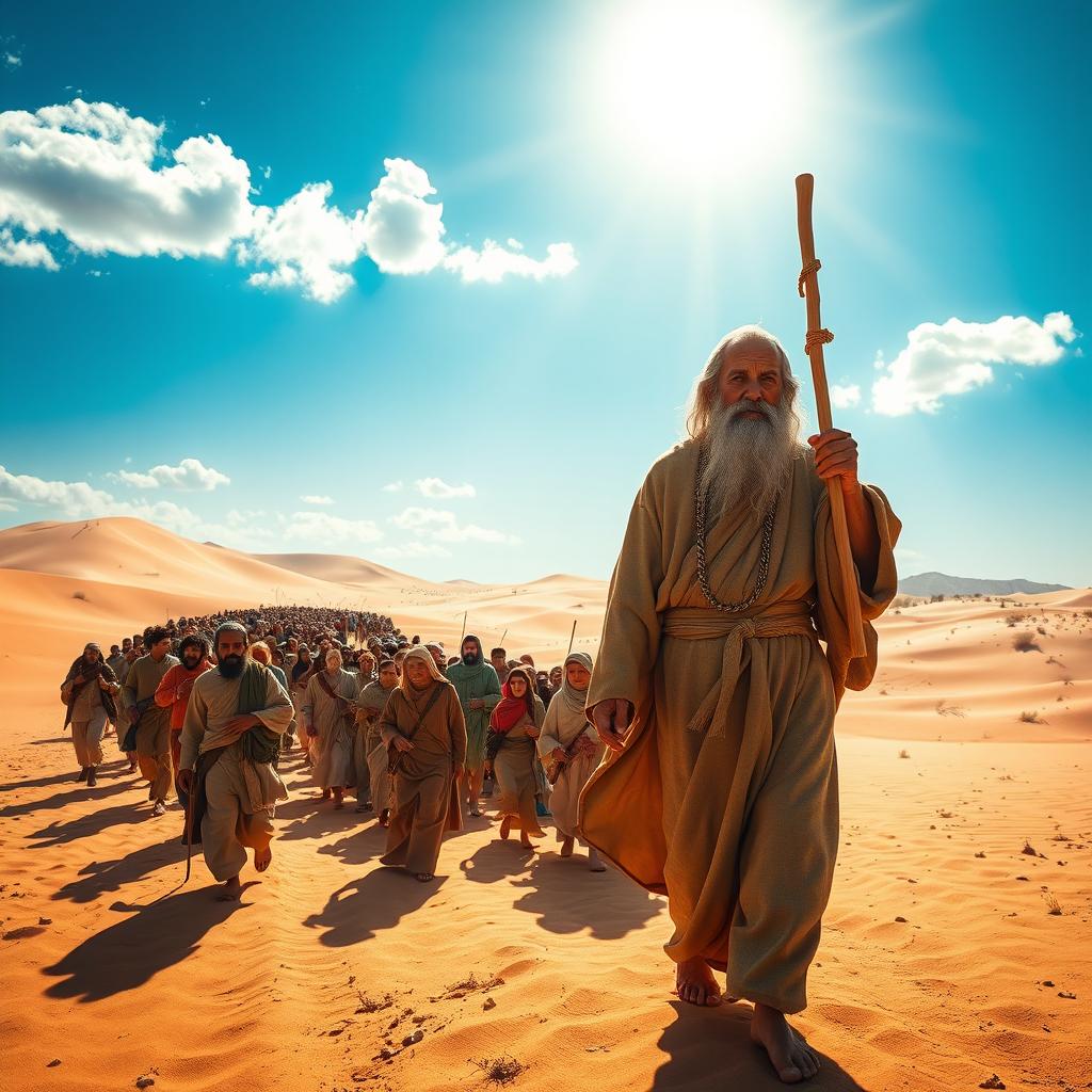 Moses from the Bible, an elderly man with a long beard and traditional robes, leading a diverse multitude of people through a vast, arid desert