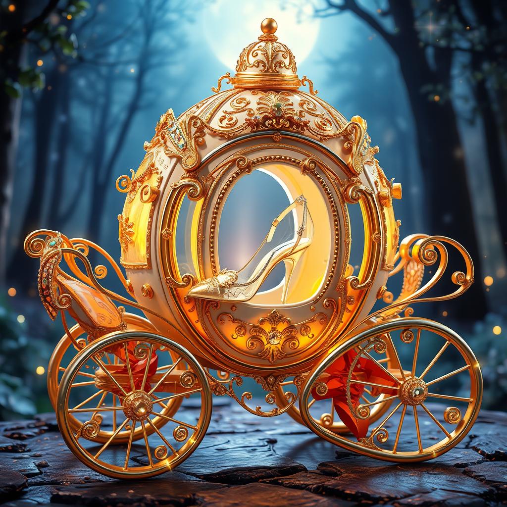 A beautifully designed Cinderella's carriage, ornately decorated with intricate details, glimmering golden accents, and embellished with sparkling jewels