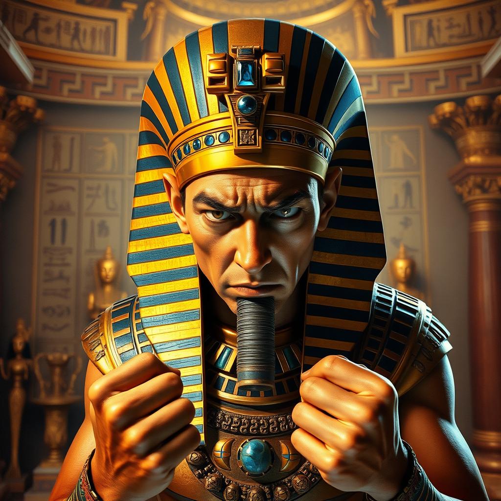 A frustrated pharaoh standing in an ornate ancient Egyptian palace, wearing an elaborate headdress adorned with gold and precious stones
