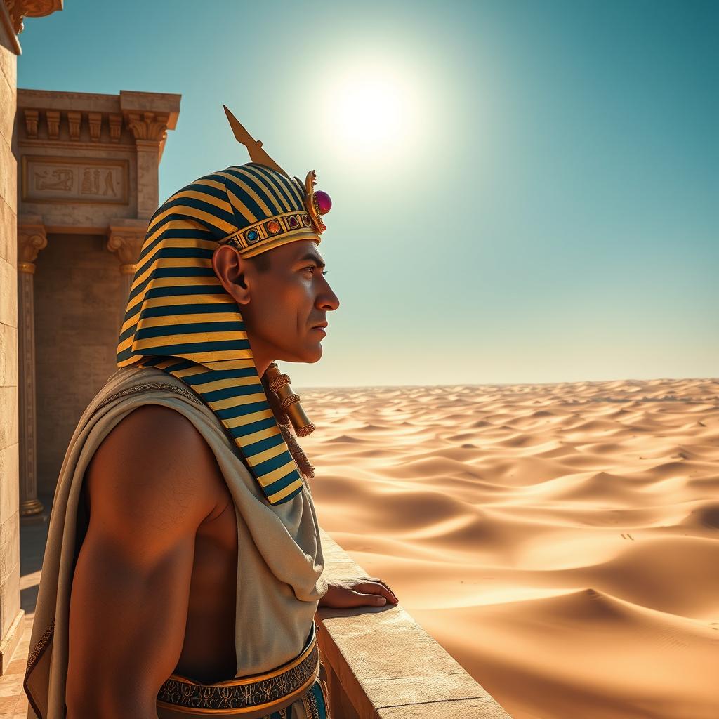 A frustrated pharaoh standing on a stone balcony, looking out into the vast desert