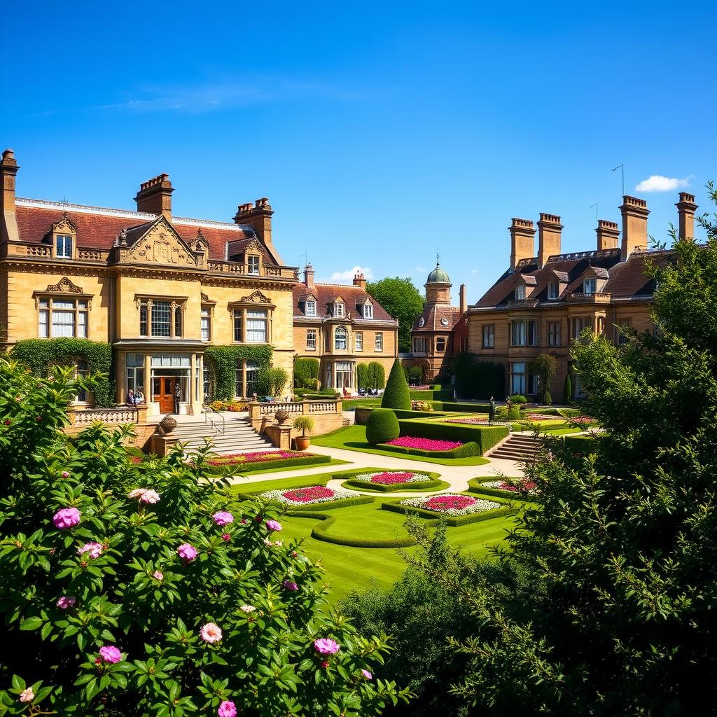 A stunning view of elegant English royal houses, showcasing intricate architectural details such as grand facades, large windows, and lush gardens