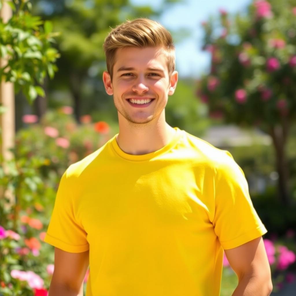 A young man wearing a bright yellow t-shirt, standing confidently with a charming smile