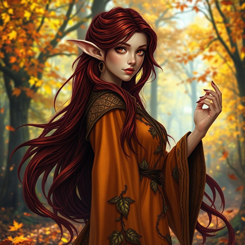 An enchanting Autumn Eladrin elf Druid with flowing dark red hair that cascades elegantly down their back