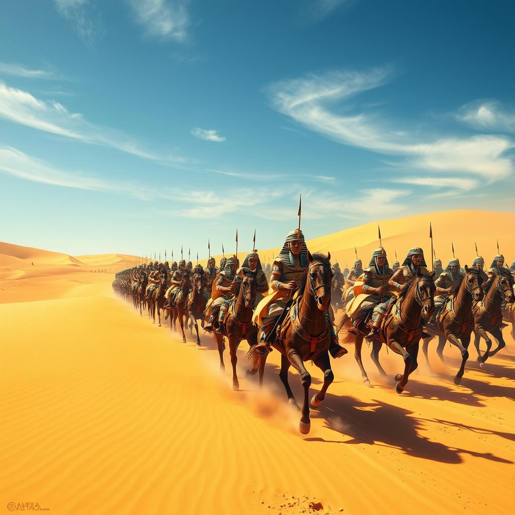 An impressive scene of an ancient pharaoh's army riding horses and chariots across a vast desert landscape