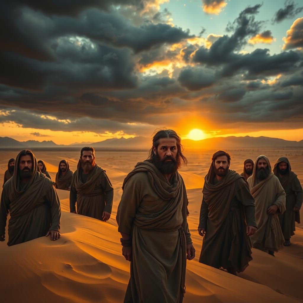 A group of Israelites looking frightened and anxious in a vast desert landscape