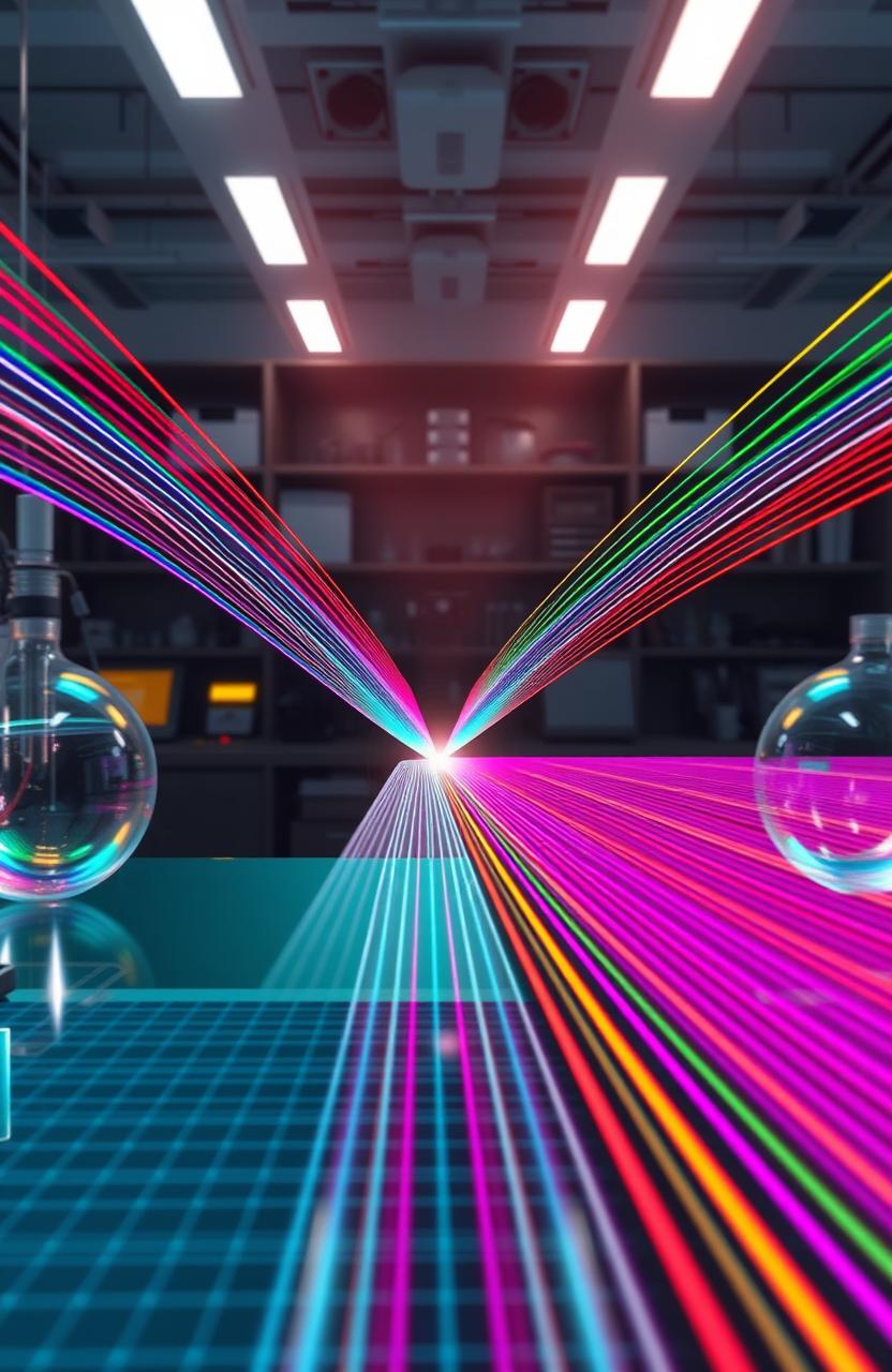 A detailed illustration of wave optics, showcasing the concept of interference patterns created by light waves