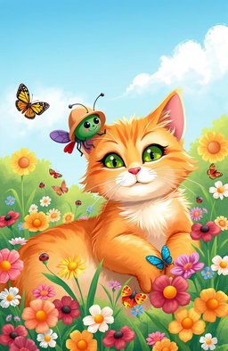 A whimsical illustration of a adorable cat and a tiny flea having an adventurous day together